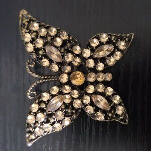 Vintage Large Open Work design Rhinestone Butterfly brooch Pin Brass Tone